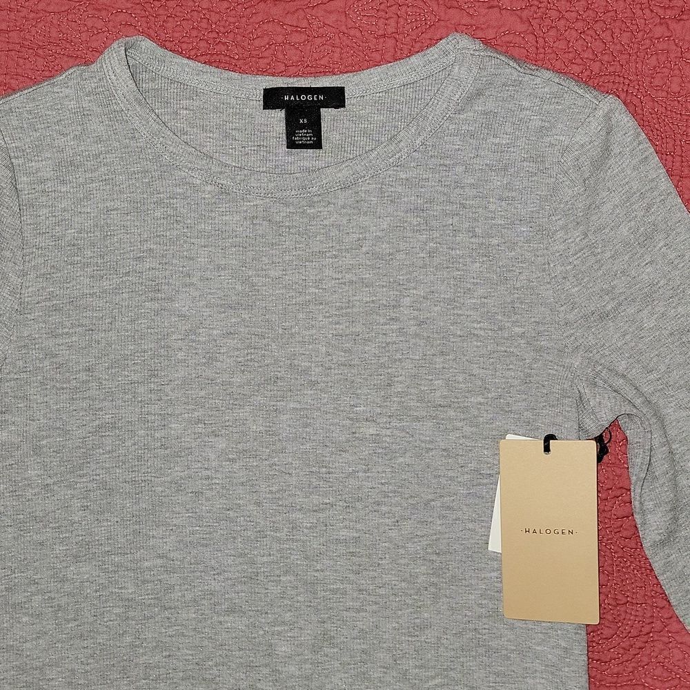 New Halogen Skivvy Fine Rib Crewneck Grey Heather Long Sleeve Knit Top Size XS - Picture 3 of 8